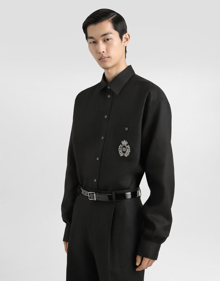 Dolce & Gabbana قميص كتان برقعة هيرالديك أسود G5MS2ZFU4IK