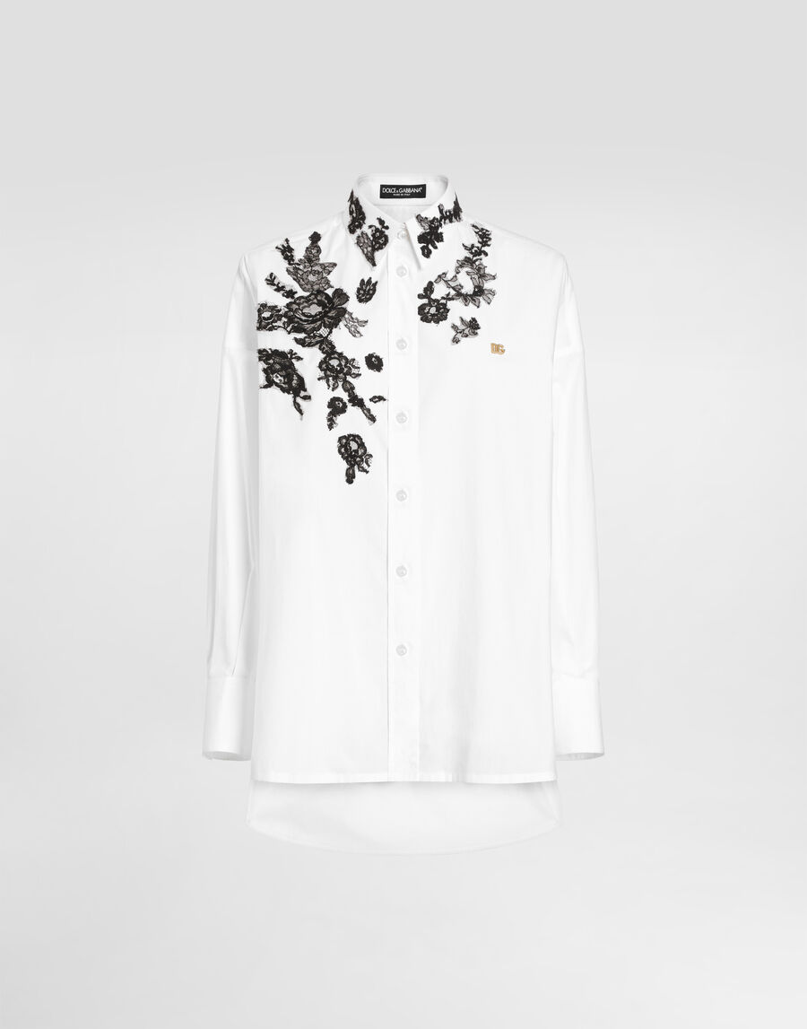 Oversize cotton poplin shirt with lace appliqués