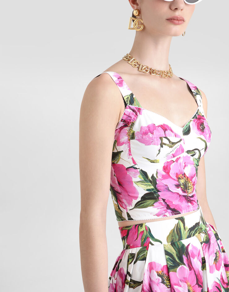 Dolce & Gabbana Cotton corset top with peony print Print F7W98THS5S3
