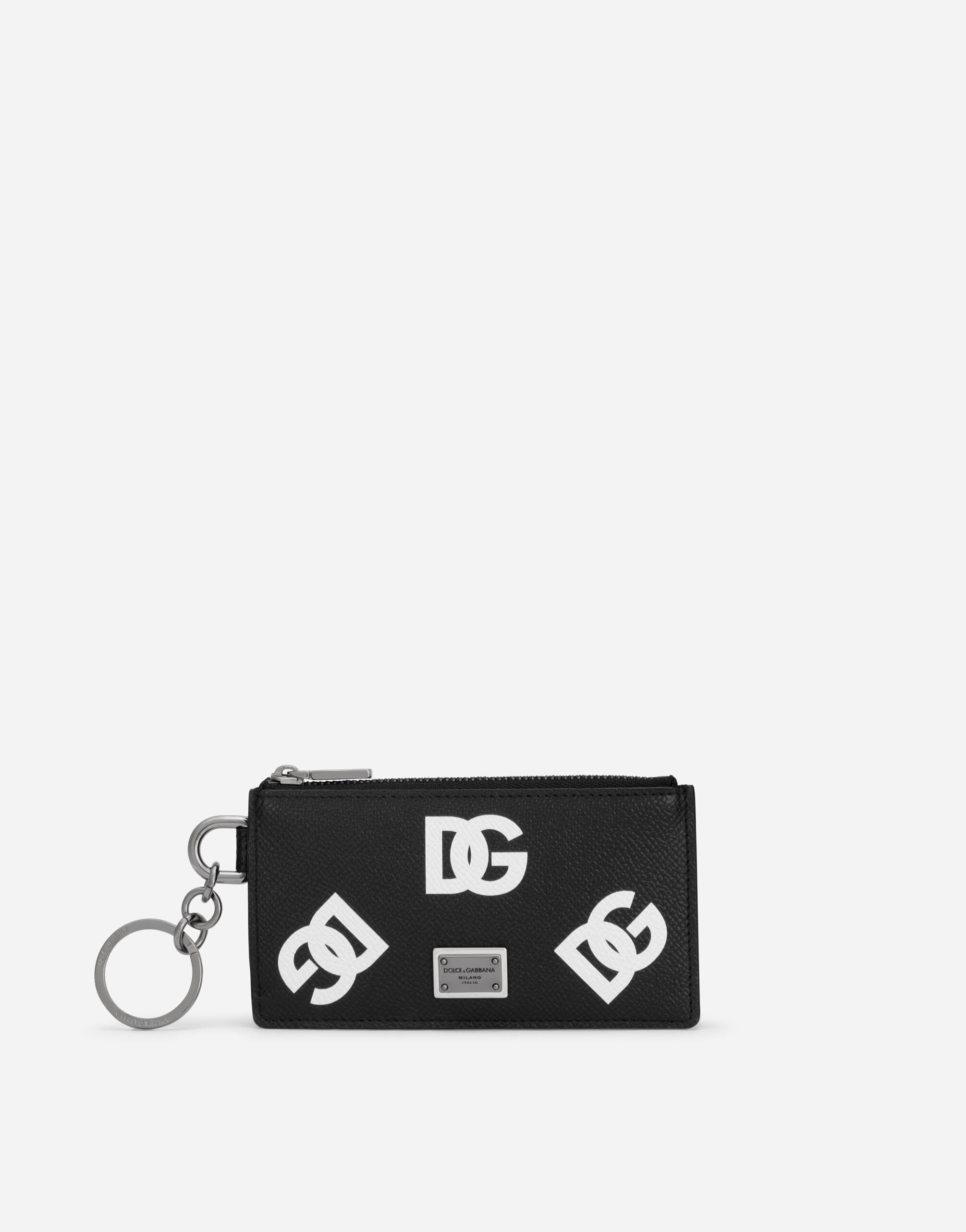 Dolce & Gabbana Calfskin card holder with all-over DG print and ring Black BP0330AT489