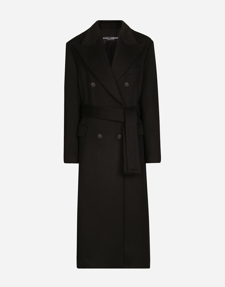 Double-breasted cashmere baize coat with belt