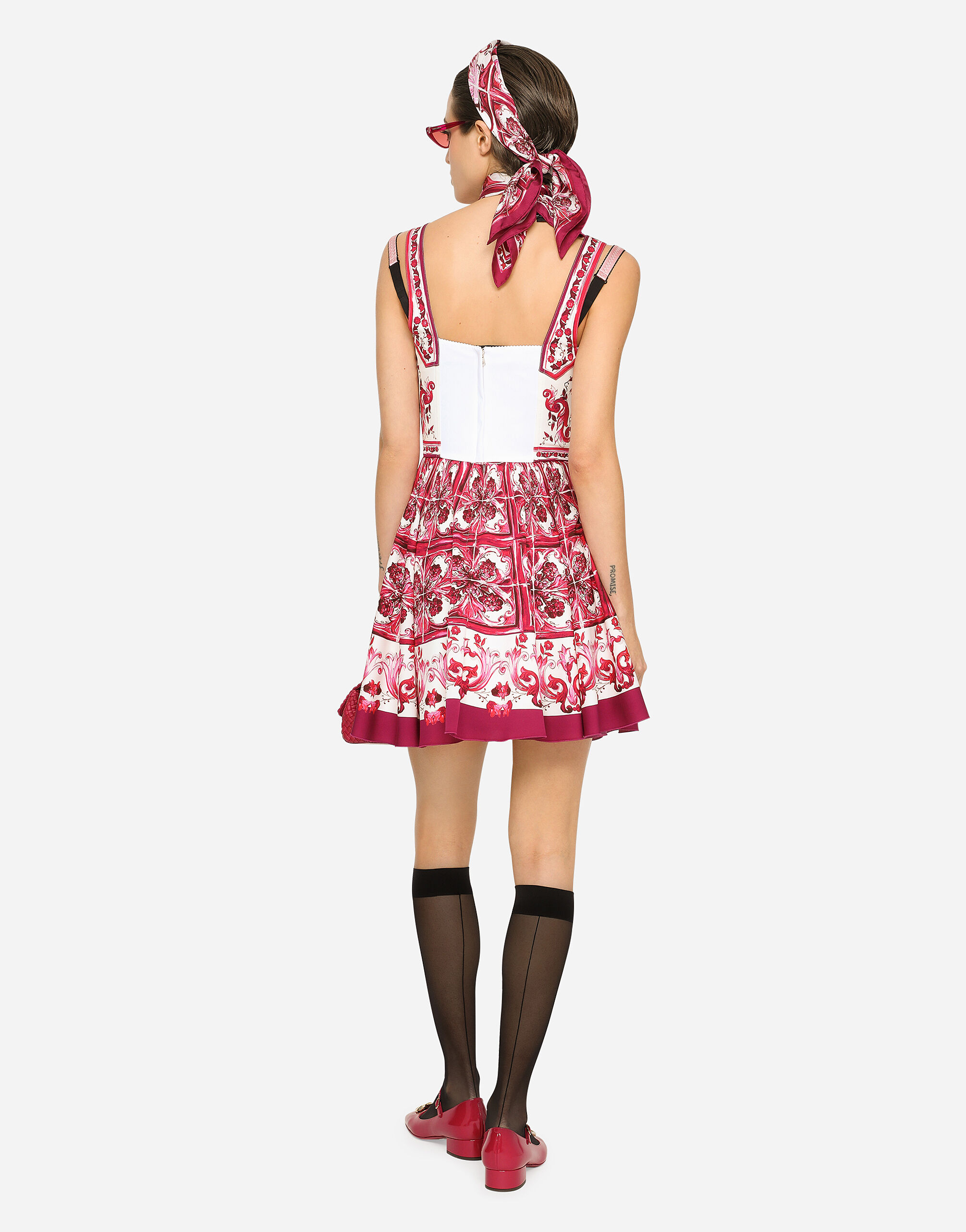 Short Majolica print charmeuse bustier dress in Multicolor for