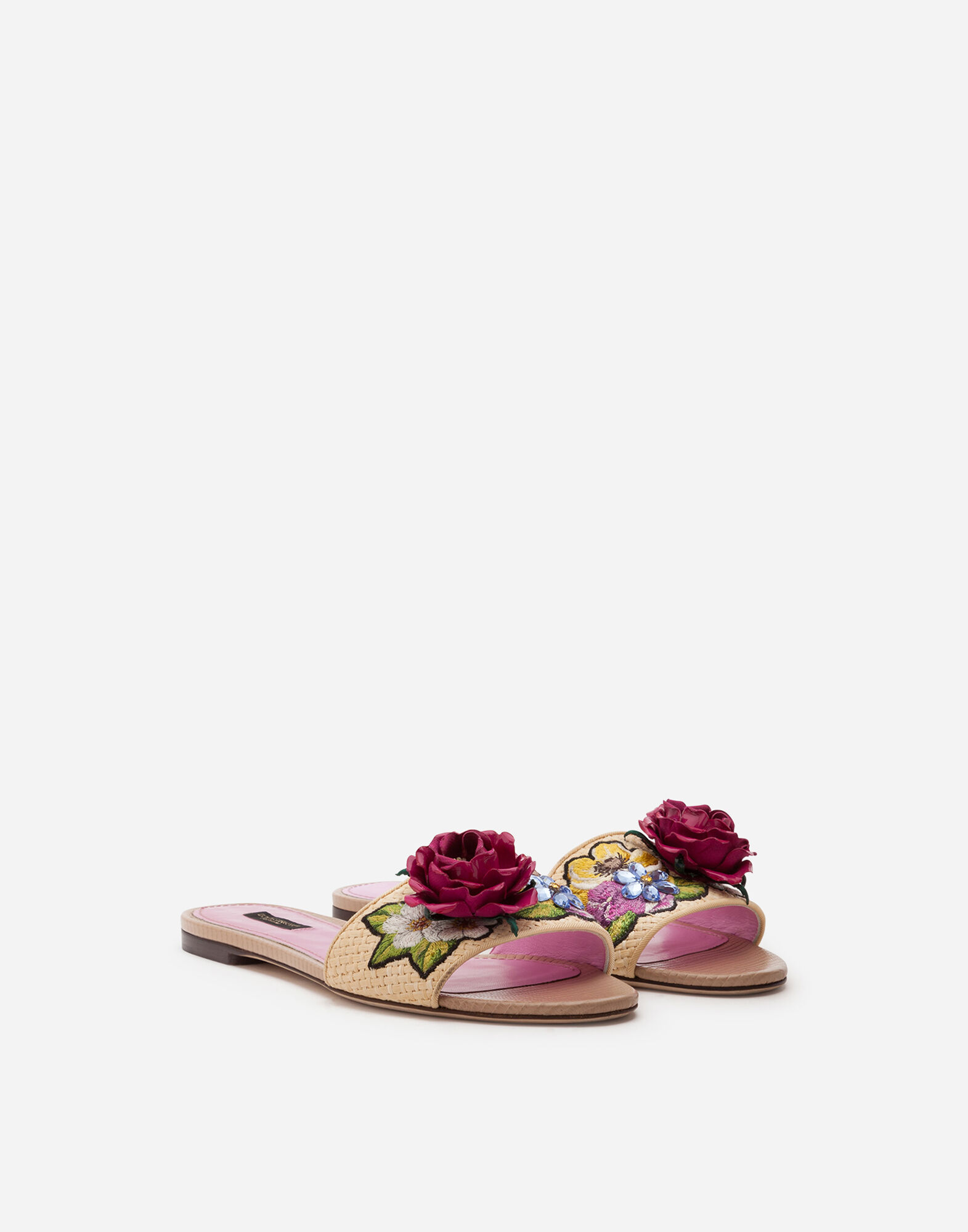 Braided raffia sliders with floral embroidery
