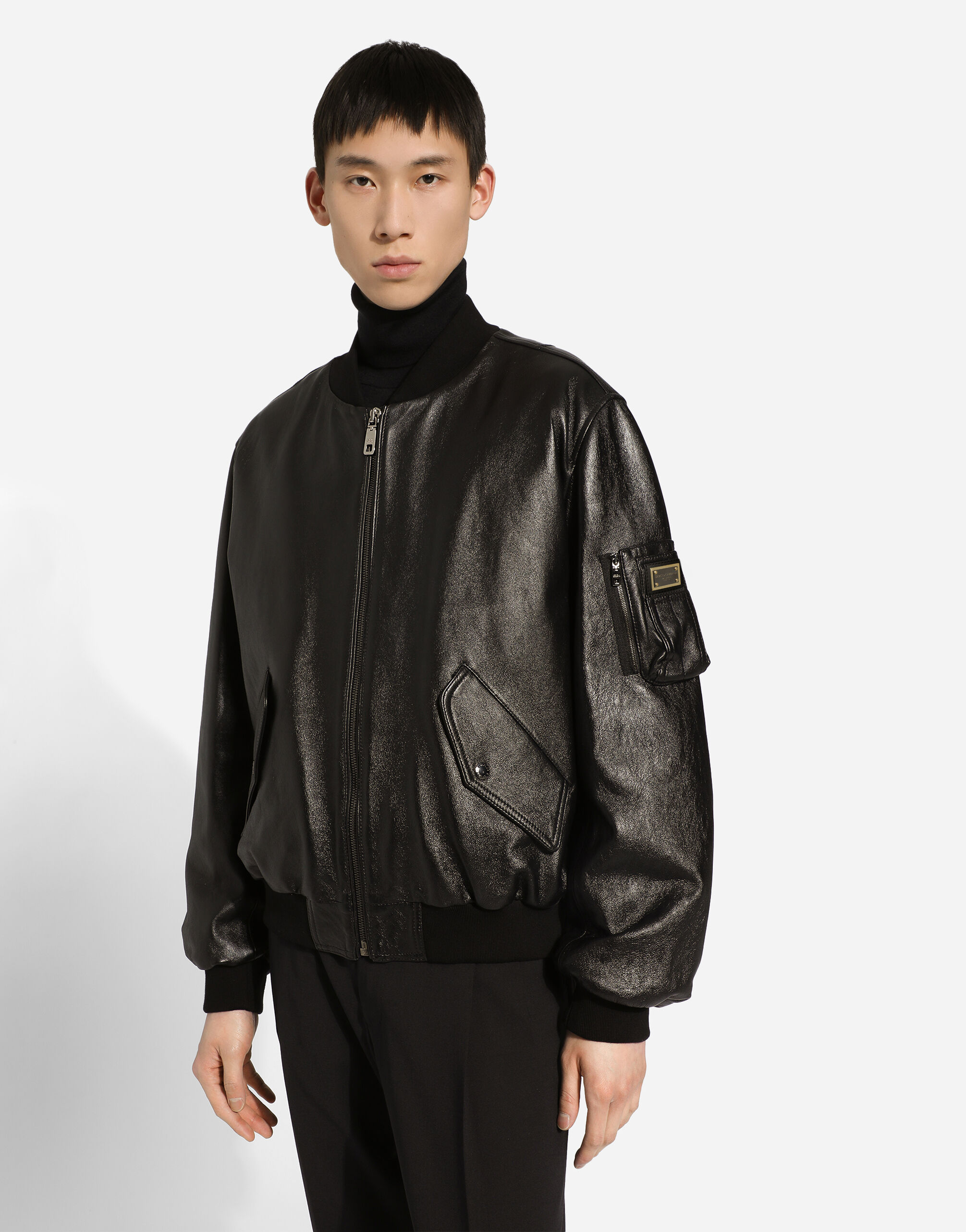 Leather jacket with branded tag in Black for Dolce Gabbana US