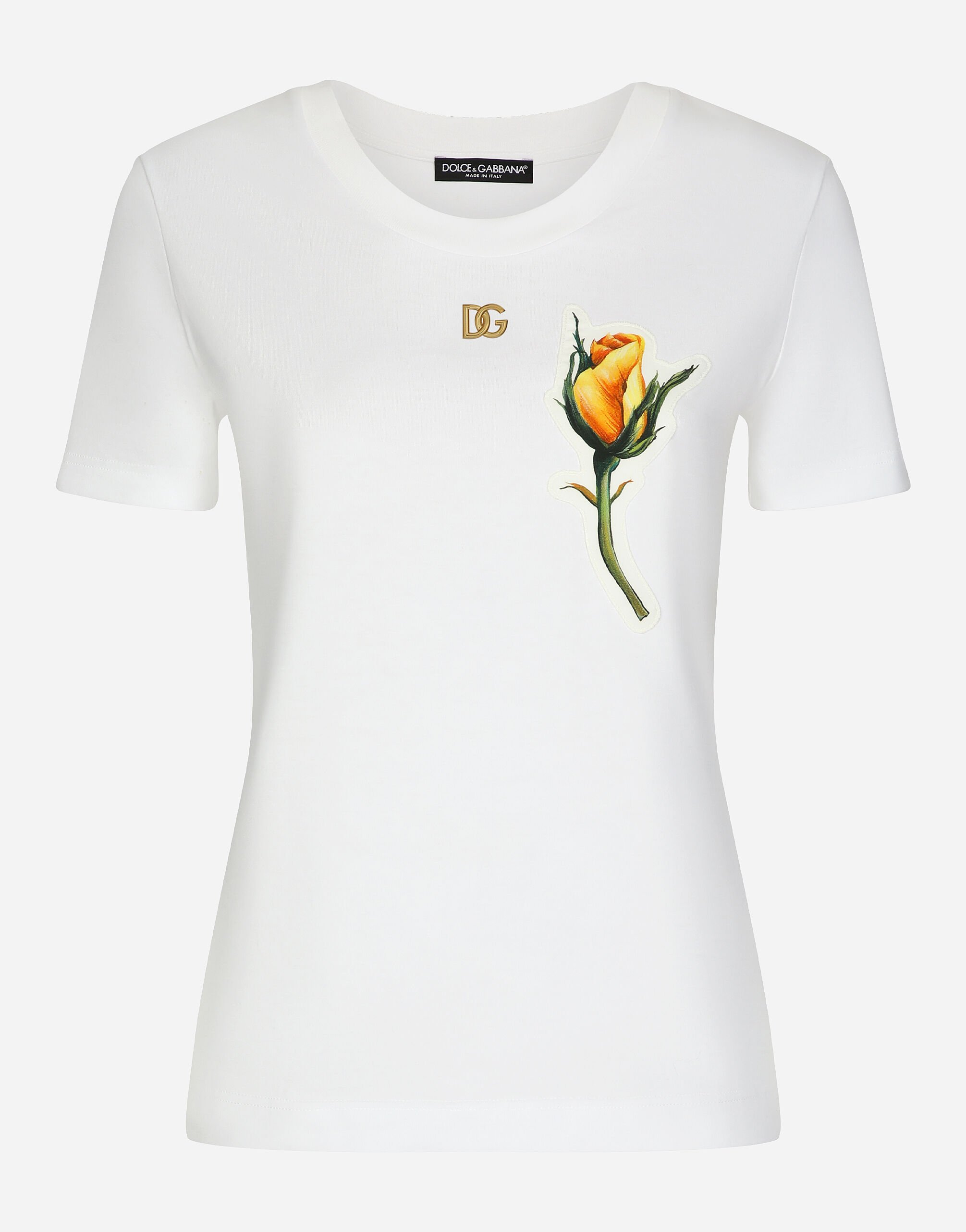 Dolce & Gabbana Jersey T-shirt with DG logo and yellow rose-embroidered patch White F9R58ZGDCBG