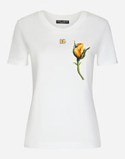 Dolce & Gabbana Jersey T-shirt with DG logo and yellow rose-embroidered patch Print F7W98THS5NO
