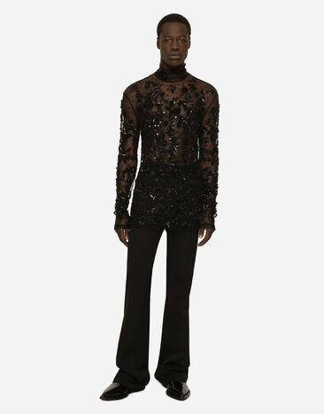 Dolce&Gabbana High-necked tulle T-shirt with sequined details Black G8RD9ZG7KG4