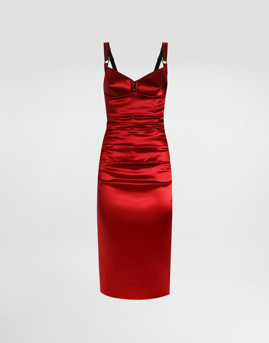 Draped satin calf-length dress with conical cups