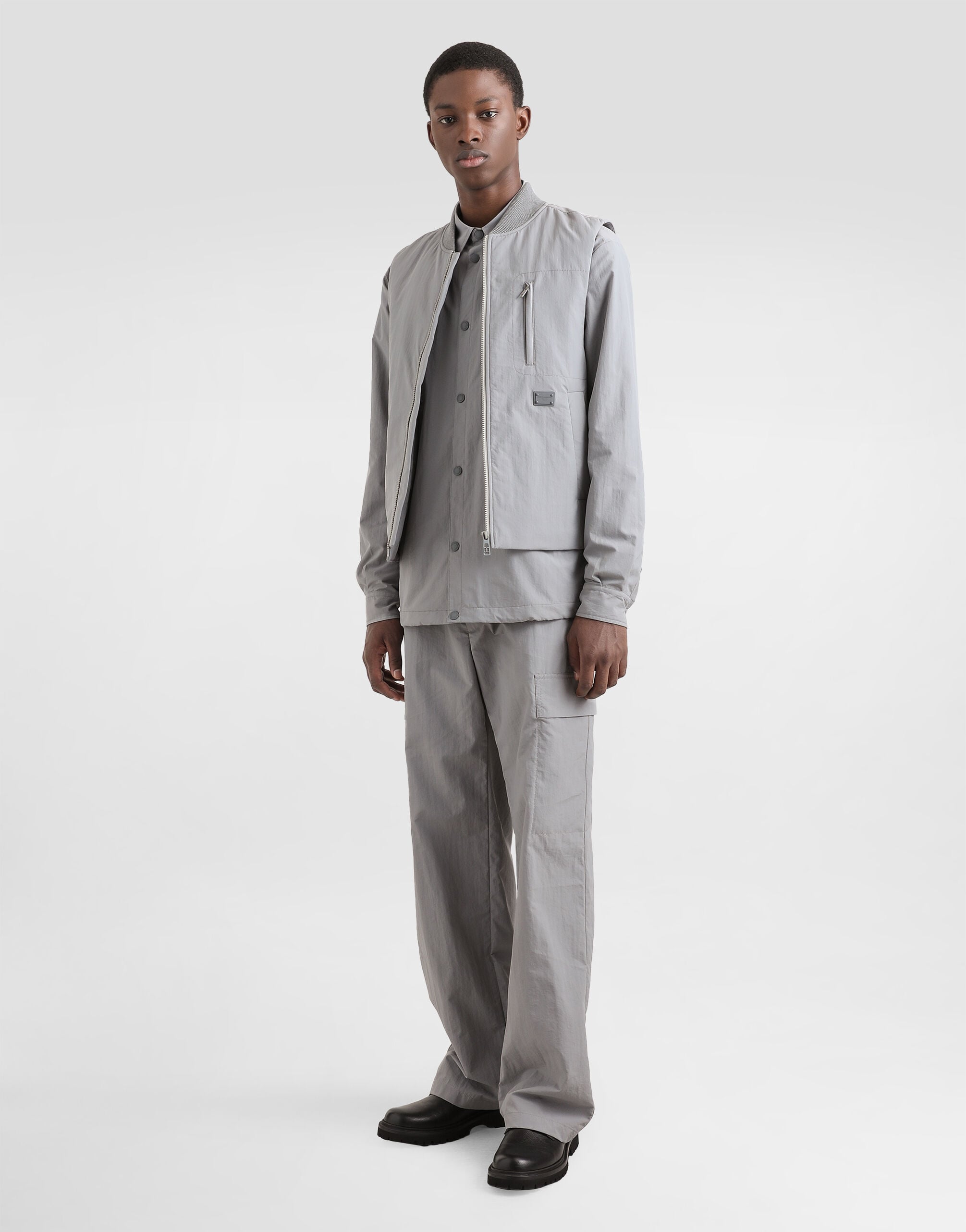 Padded technical fabric vest with tag in Grey for Men