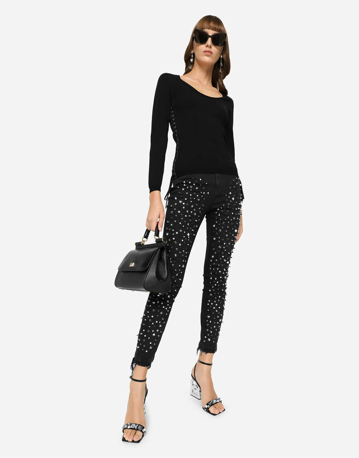 Dolce & Gabbana Jersey de viscosa con cordones y trabilla Negro FXB22TJAIEE