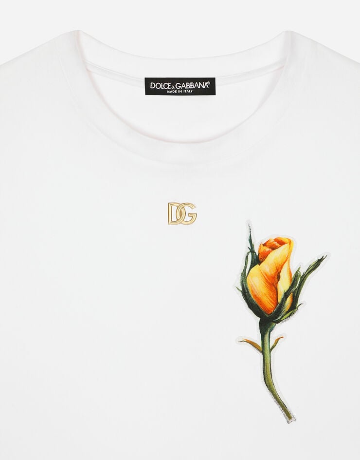 Dolce & Gabbana DG 로고 & 로즈 자수 패치 크롭 저지 티셔츠 화이트 F8U68ZG7G9A