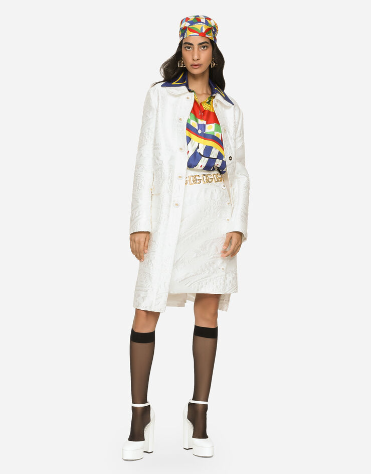 Dolce&Gabbana Mantel aus Brokat mit DG-Logoknöpfen Weiss F0V9FTHJMPA
