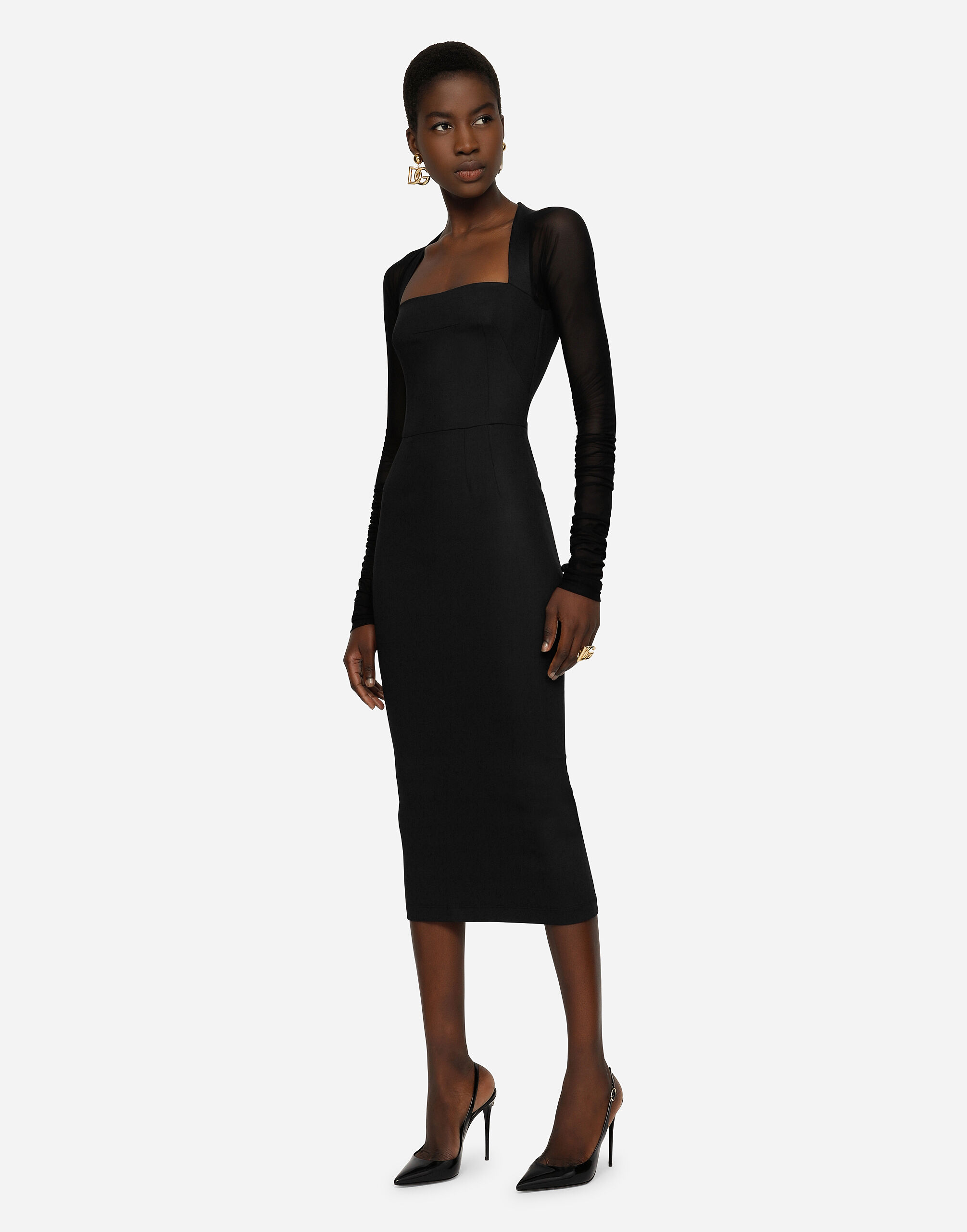 Sable calf-length dress with tulle sleeves in Black for