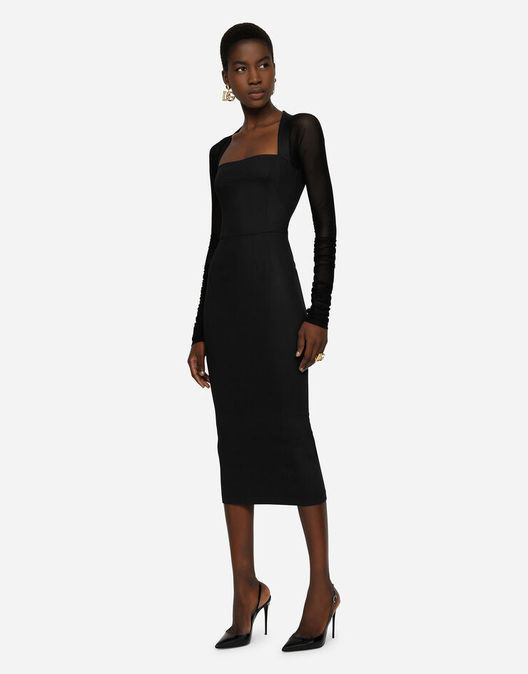 Dolce & Gabbana Sable calf-length dress with tulle sleeves Black F6R1KTFURE2