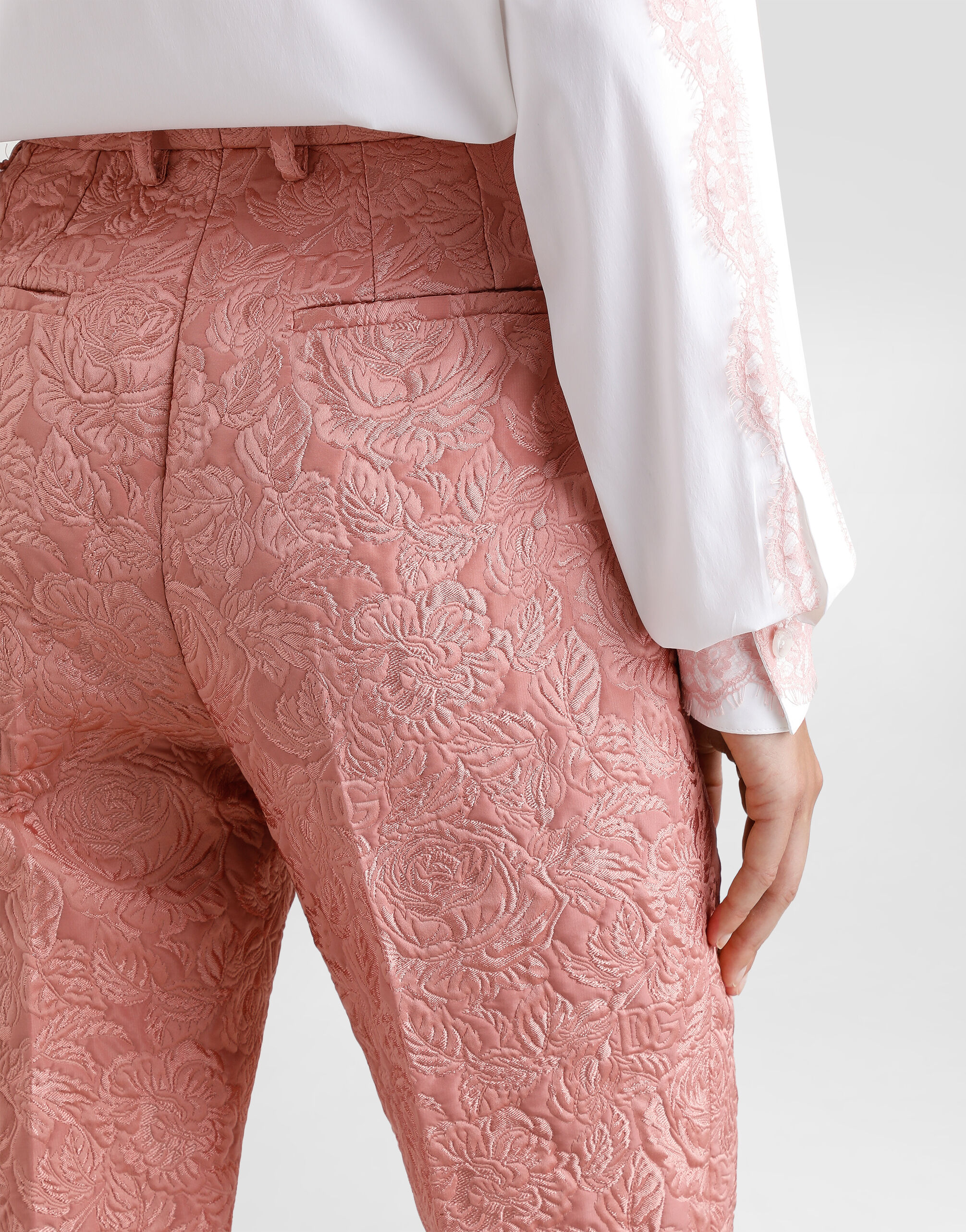 Tailored quilted floral jacquard pants in Pink for Women