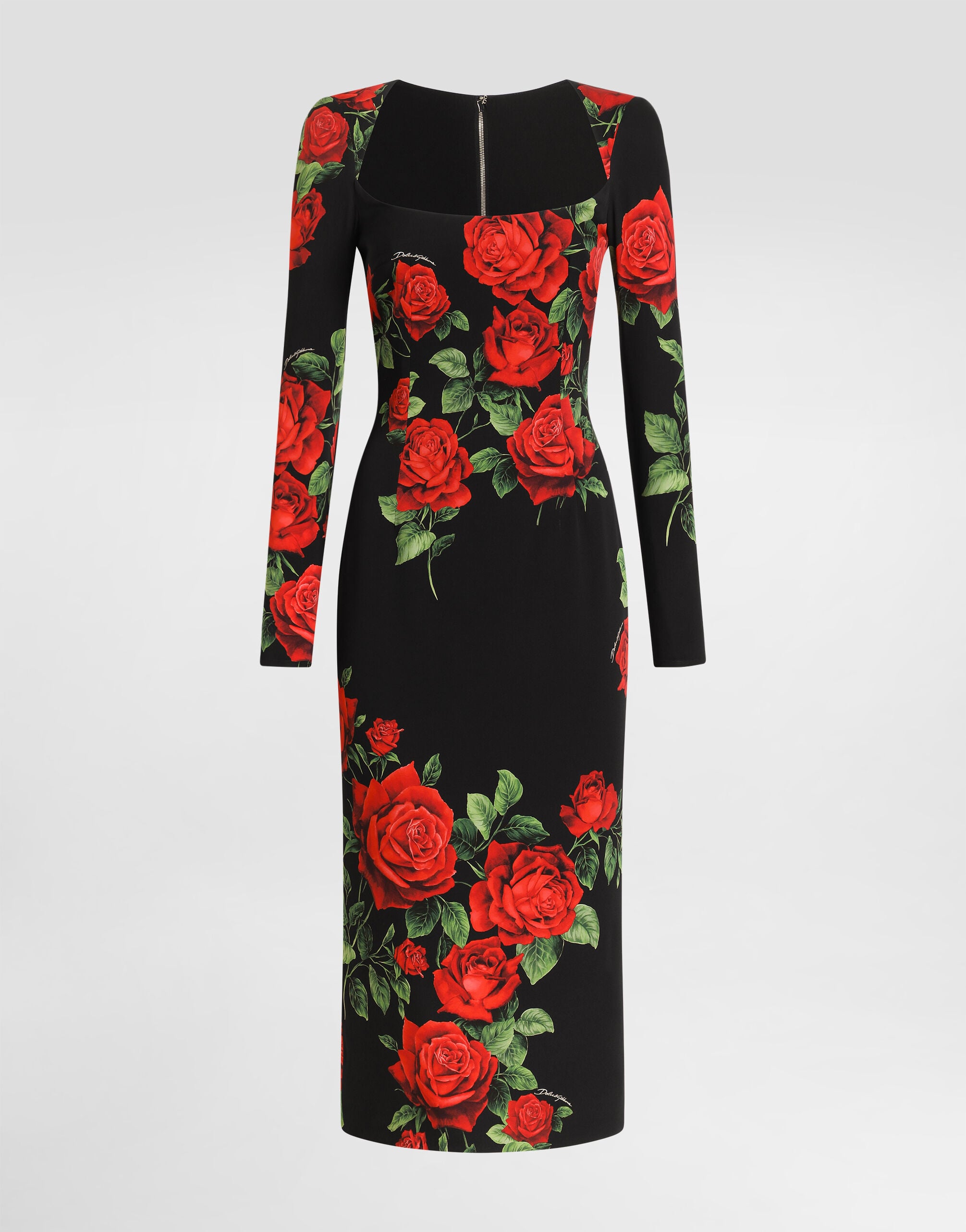 Rose-print charmeuse midi dress