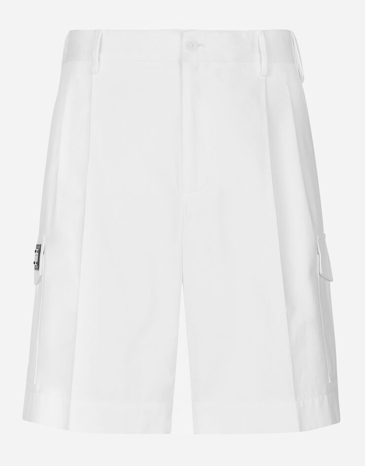 Cotton gabardine cargo shorts with logo tag in White Dolce&Gabbana®