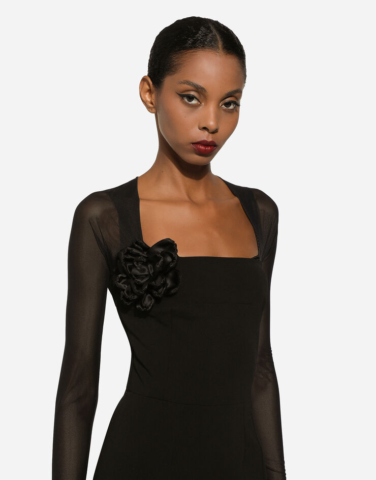 Dolce & Gabbana Vestido longuette de punto con mangas de tul Negro F6DLXTFUGN7