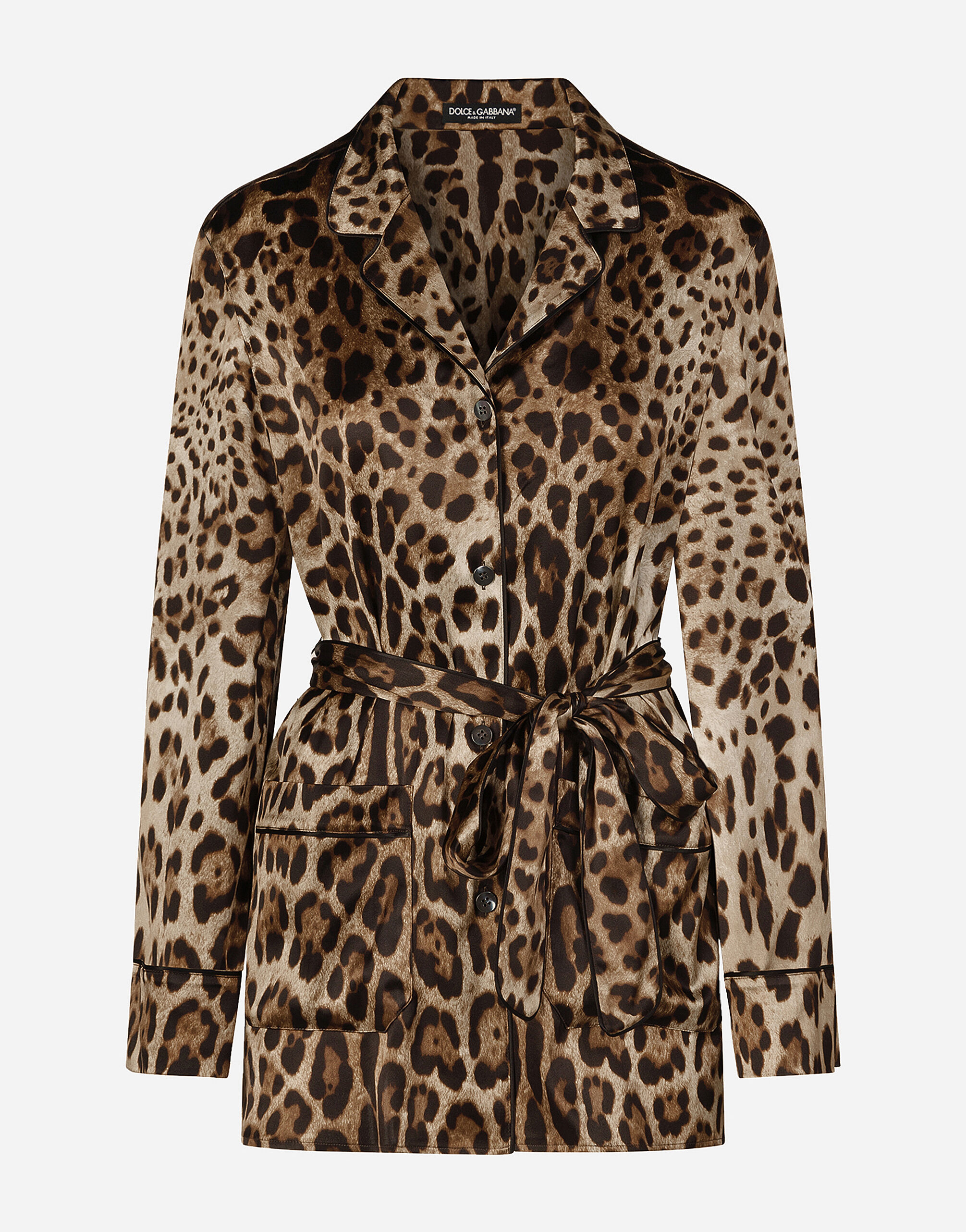 Leopard print satin pajama shirt with belt in Multicolor for