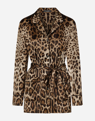 Dolce & Gabbana Camisa de pijama en raso con estampado de leopardo y cinturón Negro F63G8TG9798