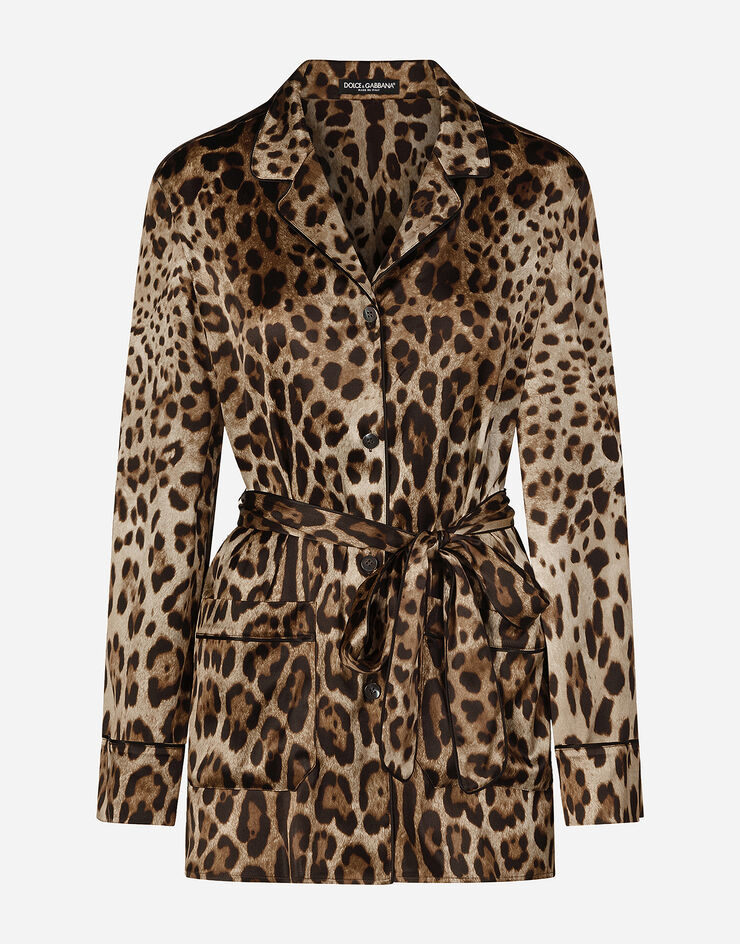 Dolce & Gabbana Camisa de pijama en raso con estampado de leopardo y cinturón Multicolor F5I89TFSAXY