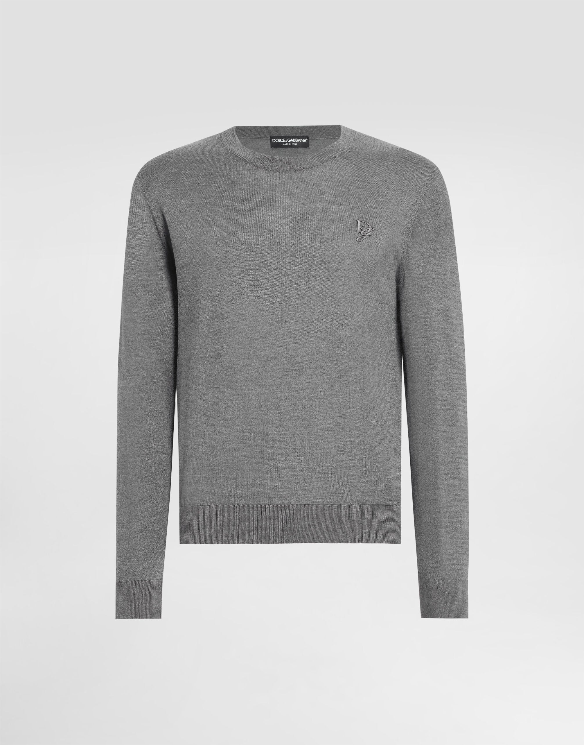 Silk round-neck sweater with DG embroidery in Grey for Men