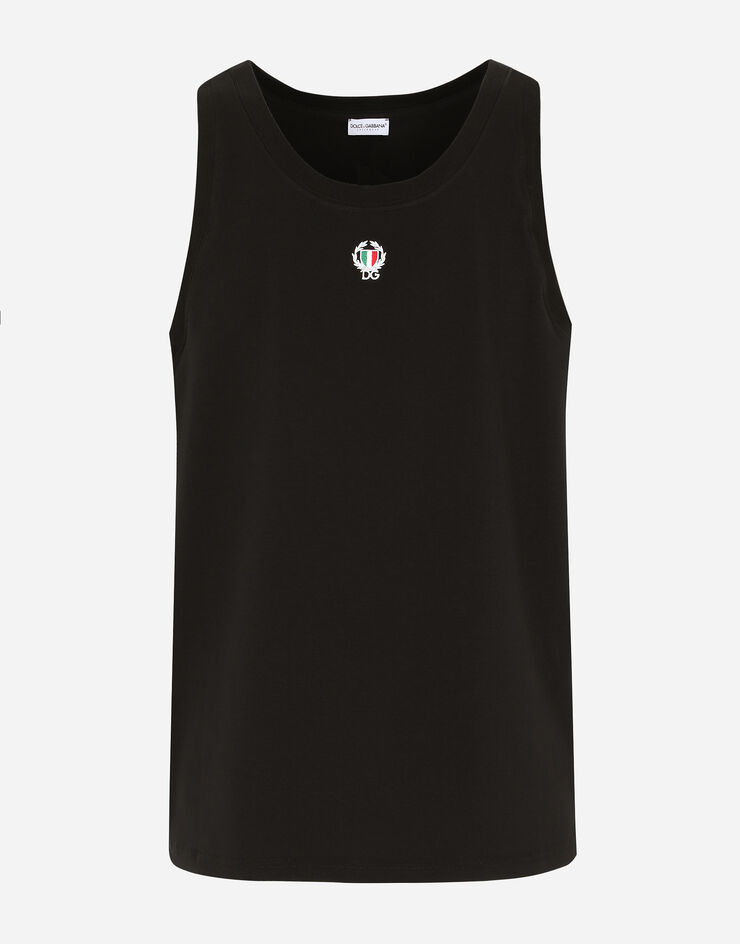 Dolce & Gabbana Tanktop bi-elastische Baumwolle mit Patch Schwarz M8C10JFUECG