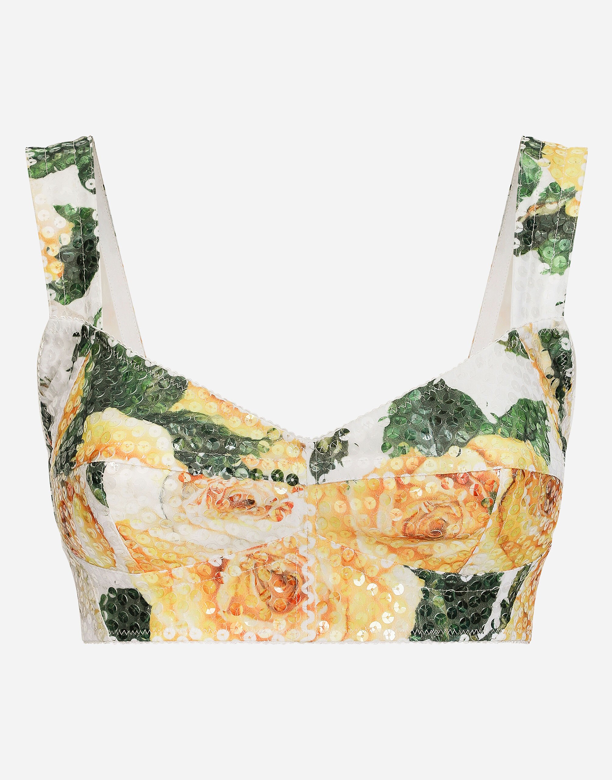 Dolce & Gabbana Sequined corset top with yellow rose print Print F5S48TIS1VL