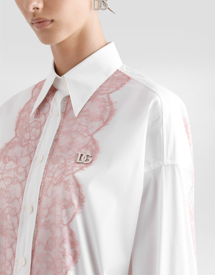 Dolce & Gabbana Camicia oversize in popeline di cotone con applicazioni in pizzo Bianco F5T33TFU5T9