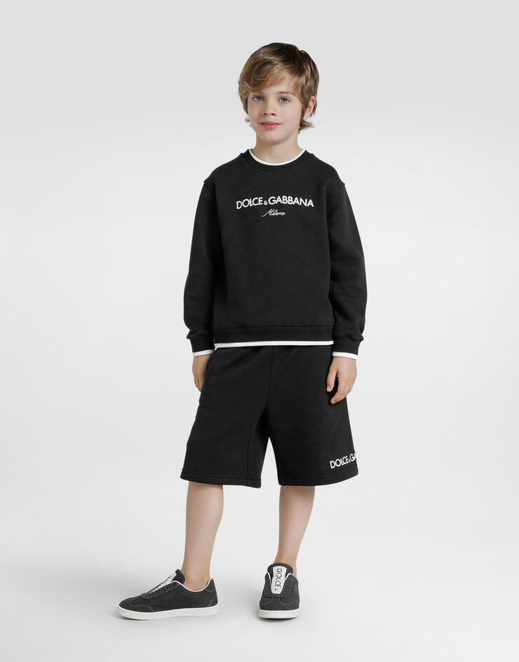 Dolce & Gabbana Fleece bermuda shorts with Dolce&Gabbana embroidery Blue L4JQW2G7PEL