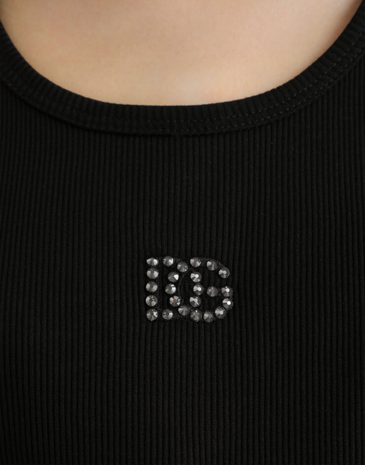 Dolce & Gabbana Ribbed tank top with DG embroidery and rhinestones Black F8V40ZGDDL8