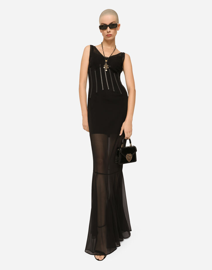 Dolce & Gabbana 스틱 와이어 디테일 시폰 롱 드레스 블랙 F6ZB5TFUADS