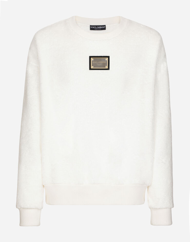 Dolce & Gabbana Rundhals-Sweatshirt aus Frottee mit Logoplakette Weiss G9WU8THU7OC