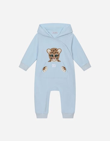 Dolce & Gabbana Hooded jersey onesie with long sleeves with patch and embroidery Black L1JO9PG7HOM