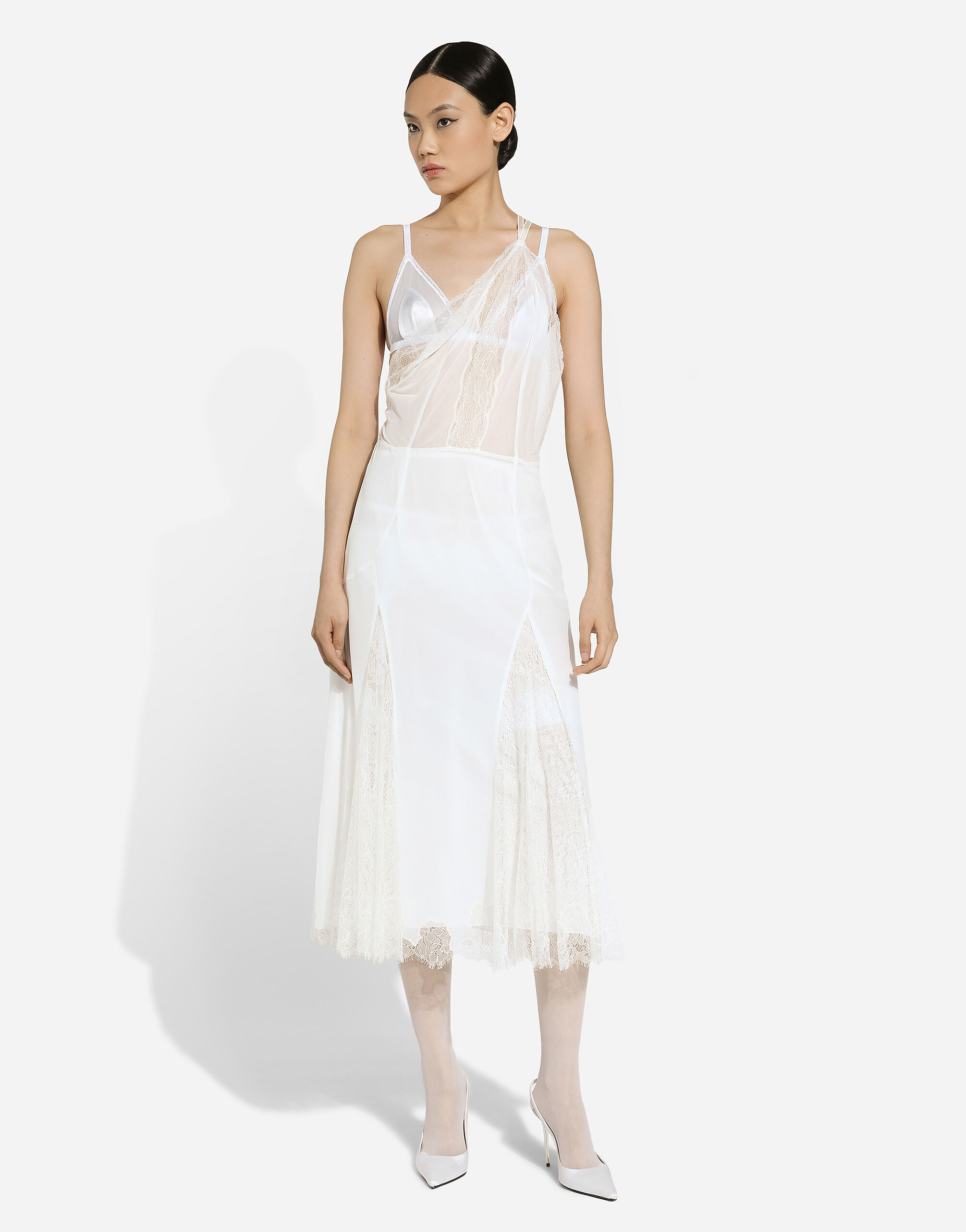 Organzine and lace calf-length dress with asymmetrical neckline in