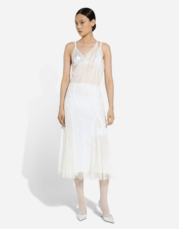 Dolce & Gabbana Organzine and lace calf-length dress with asymmetrical neckline White F6JCBTGDCFA