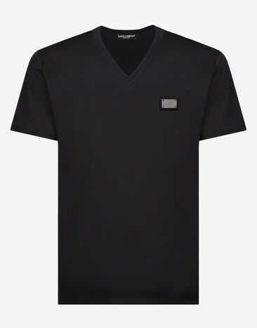 Dolce & Gabbana T-shirt scollo a V cotone con placca logata Blu G5LI2TFURHJ