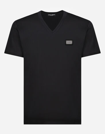 Dolce&Gabbana Cotton V-neck T-shirt with branded tag Black G8PV0TG7F2I