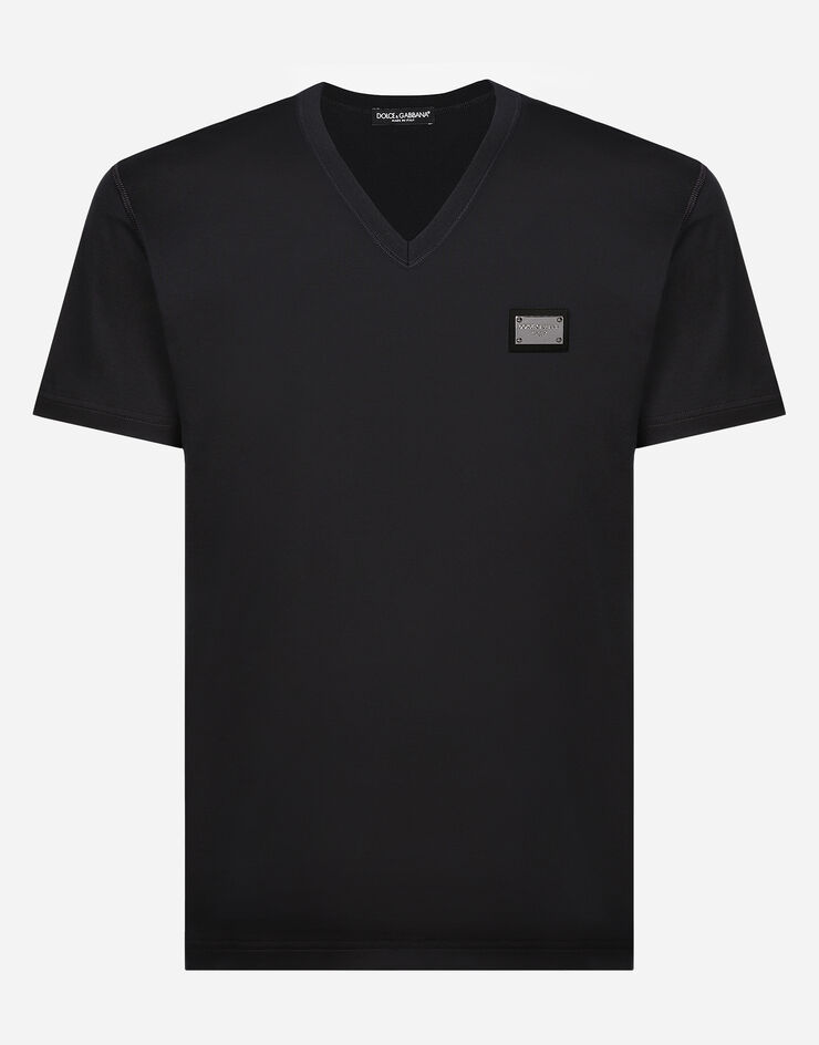 Dolce & Gabbana Cotton V-neck T-shirt with branded tag ブルー G8PT2TG7F2I