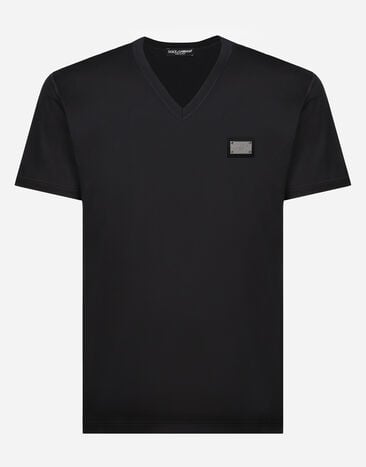 Dolce&Gabbana Camiseta de algodón con cuello de pico y placa con logotipo Azul G8PL4TG7F2H