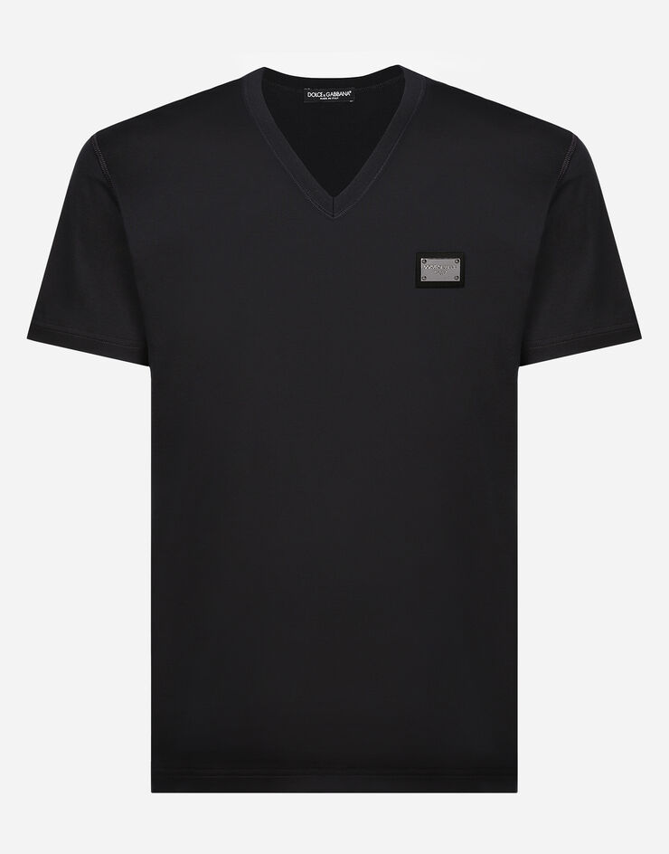 Dolce & Gabbana T-shirt scollo a V cotone con placca logata Blu G8PT2TG7F2I