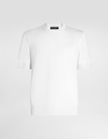 Dolce & Gabbana Rundhalspullover aus Seide DG-Stickerei Weiss GXX03ZJBSK3