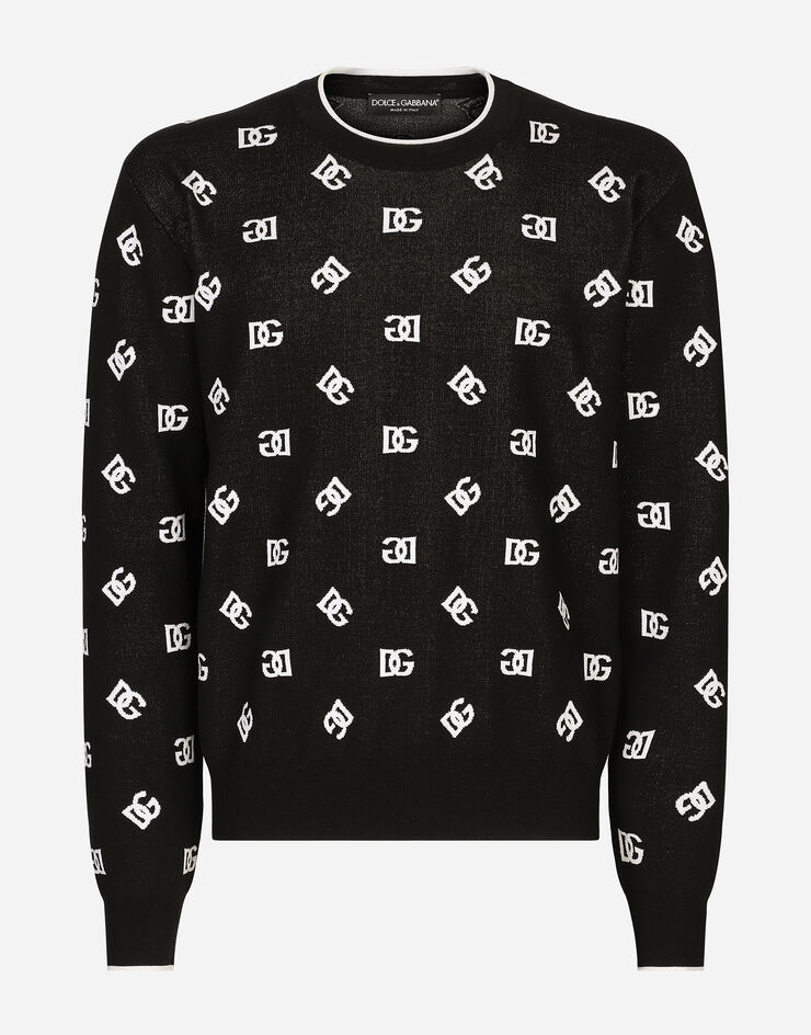 Dolce & Gabbana Wool and silk jacquard round-neck sweater with DG logo Multicolor GXJ79TJDMP4
