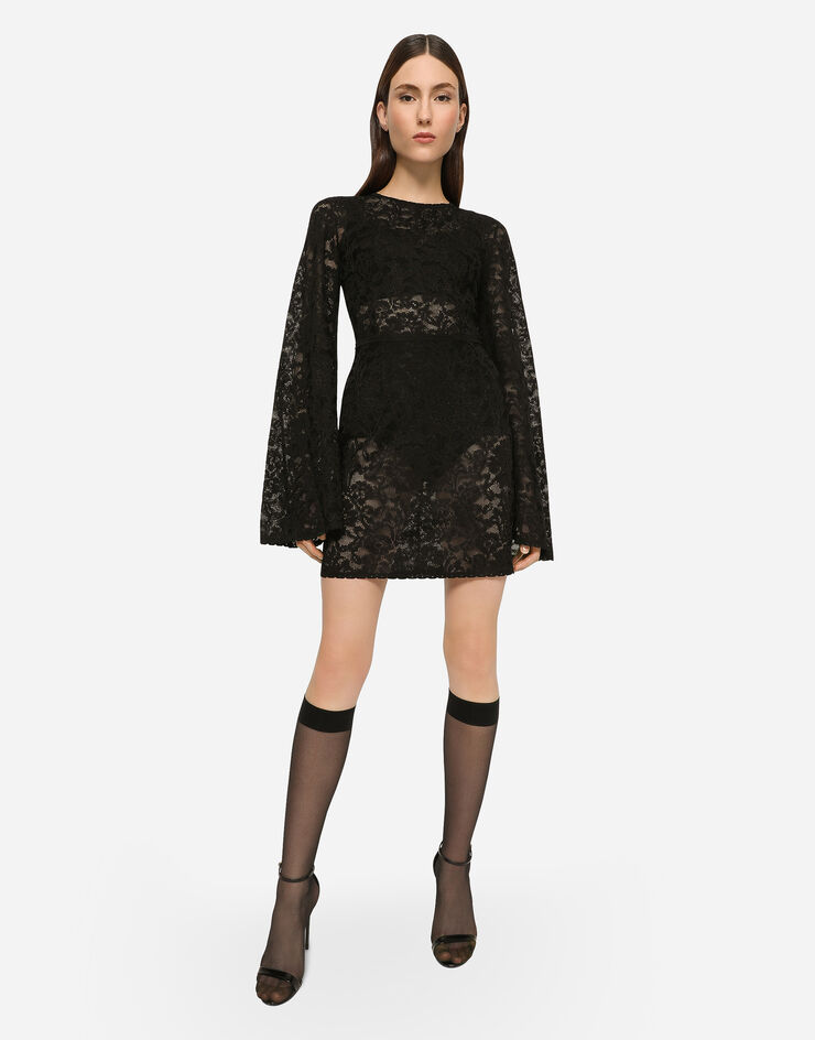 Dolce & Gabbana Vestido corto en punto de encaje con mangas amplias Noir FXC81TJBMP9