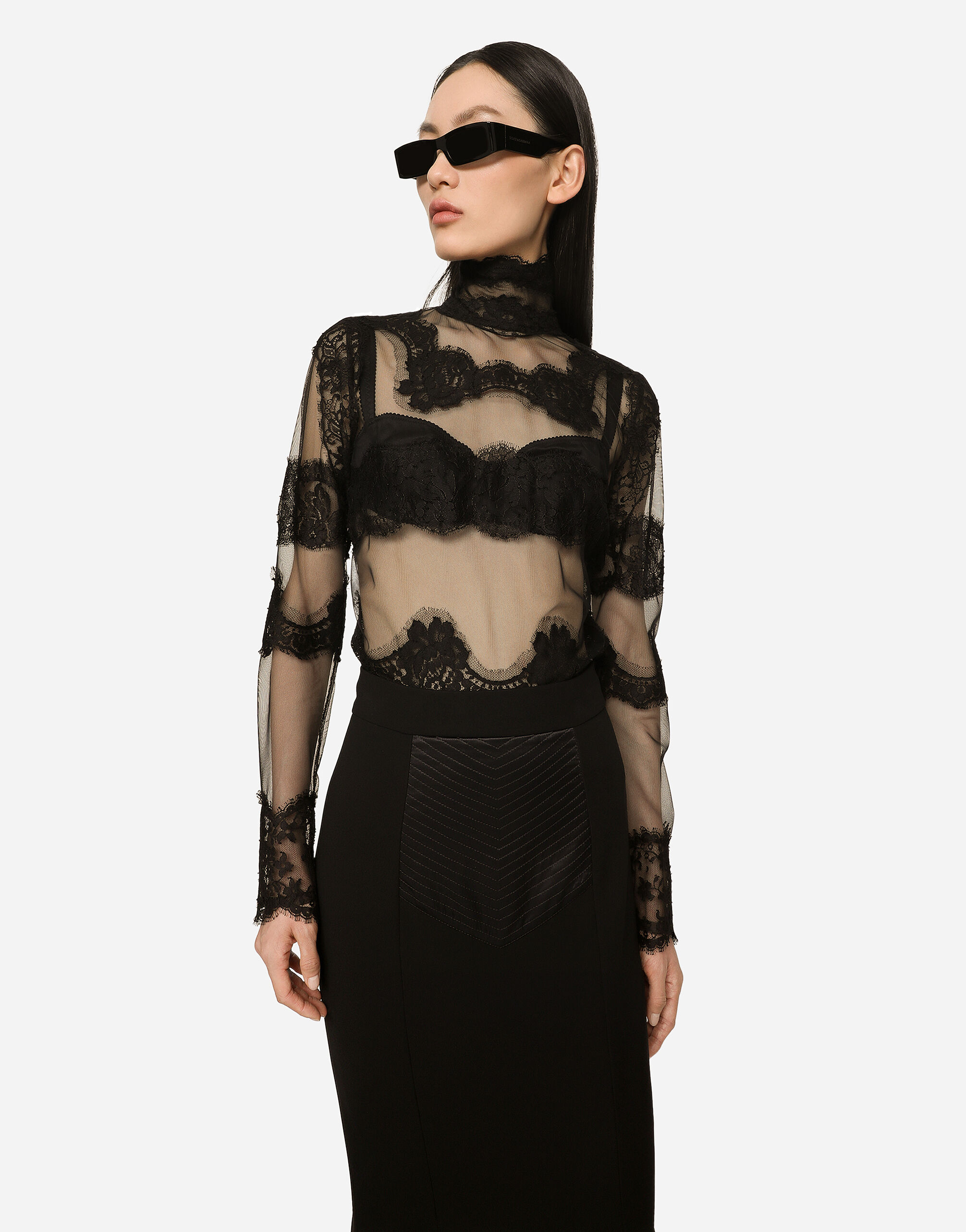 Tulle turtle-neck top with lace inserts in Black for Women