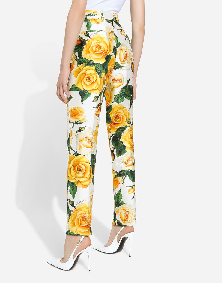 Dolce & Gabbana Pantalon taille haute en mikado à imprimé roses jaunes Imprimé FTAM2TIS1P4