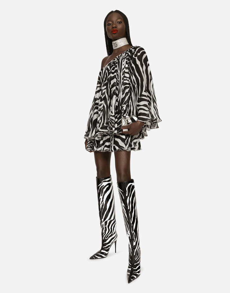 Dolce & Gabbana Short one-shoulder chiffon dress with zebra print леопардовым принтом F6ALSTFS1CW