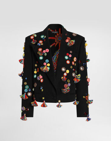 Dolce & Gabbana جاكيت أحادي الصدر من دريل قطن بتفاصيل أبليك Black F2JARZFU6VK