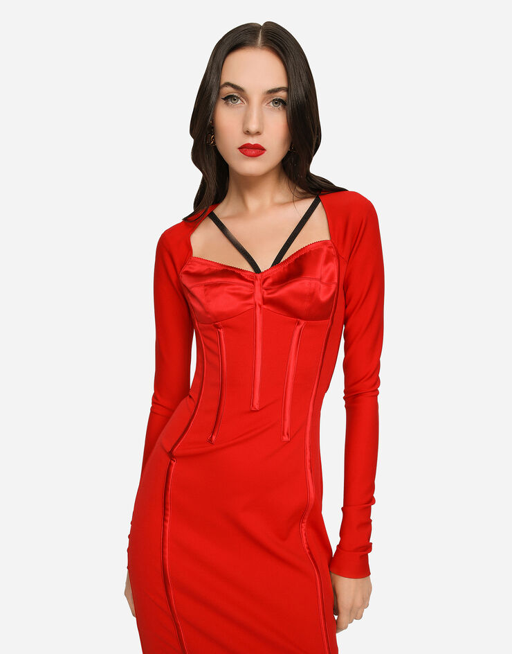 Viscose calf-length dress with corset details in Red for