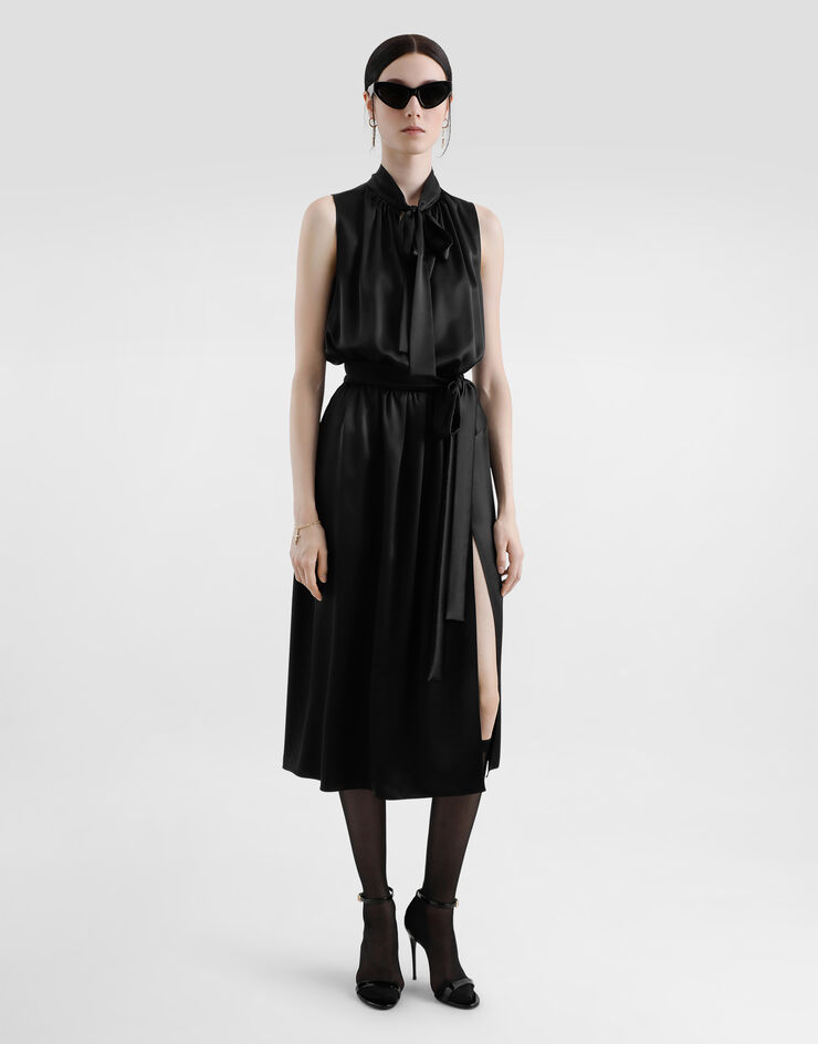 Dolce & Gabbana Satin calf-length dress with pussy-bow Black F6JTETFU1AU